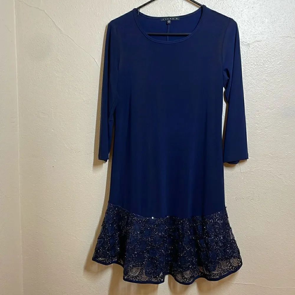 Tiana B Navy Lace/Sequin Flounce Hem Stretch Jersey Drop Waist A-line Dress Navy